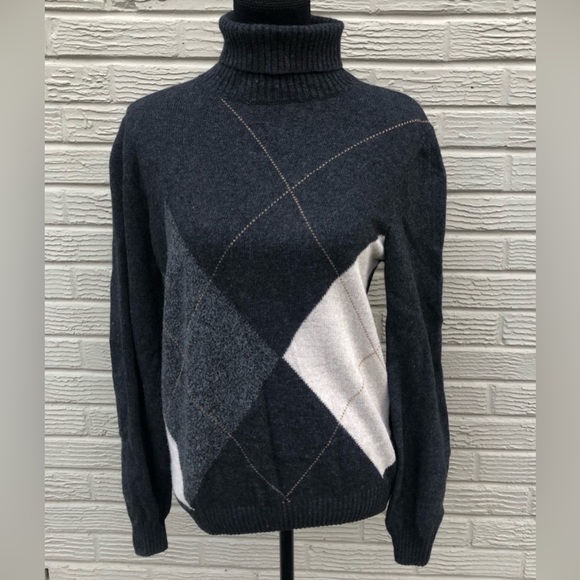 Boggi Milano Gray Turtleneck Cashmere Wool Blend Diamond Pattern Sweater Size M